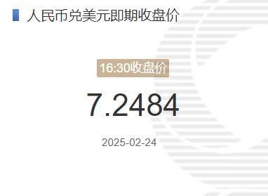 2月24日人民币兑美元即期收盘价报7.2484 较上一交易日下调70个基点(2025年02月24日)